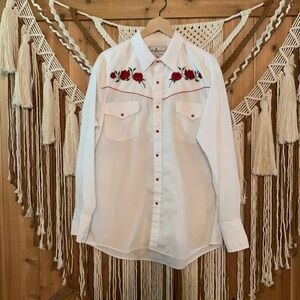 Diamond Ranchwear Embroidered Roses White Button Down Shirt Men’s XL 17 1/2